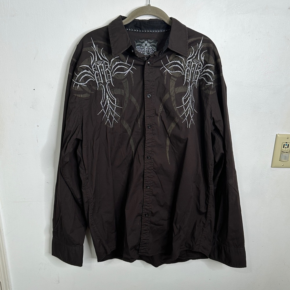 Roar Mens Glorify Shirt XXL Black Tribal Embroidery Long Sleeve Button Down